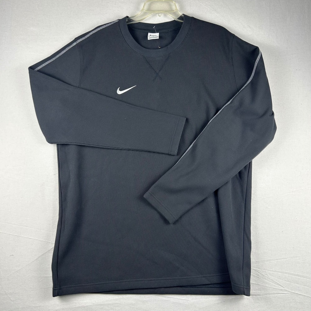 Nike Mens XL Black Waffle Knit Thermal Long Sleeve Shirt Embroidered Swoosh Logo